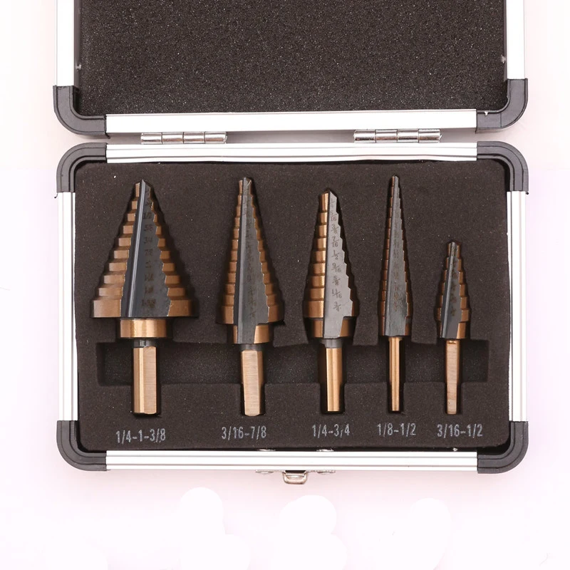 

5pc Inch Aluminum Boxed Roasted Yellow Triangle Handle Step Drill Pagoda Drill Woodworking Hole Opener Set