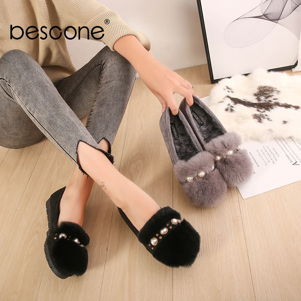 

Bescone New Style Winter Warm Flat Woman Pearl Design Fur Suede Upper Thick Bottom Round Toe Big Size Shoes BM599