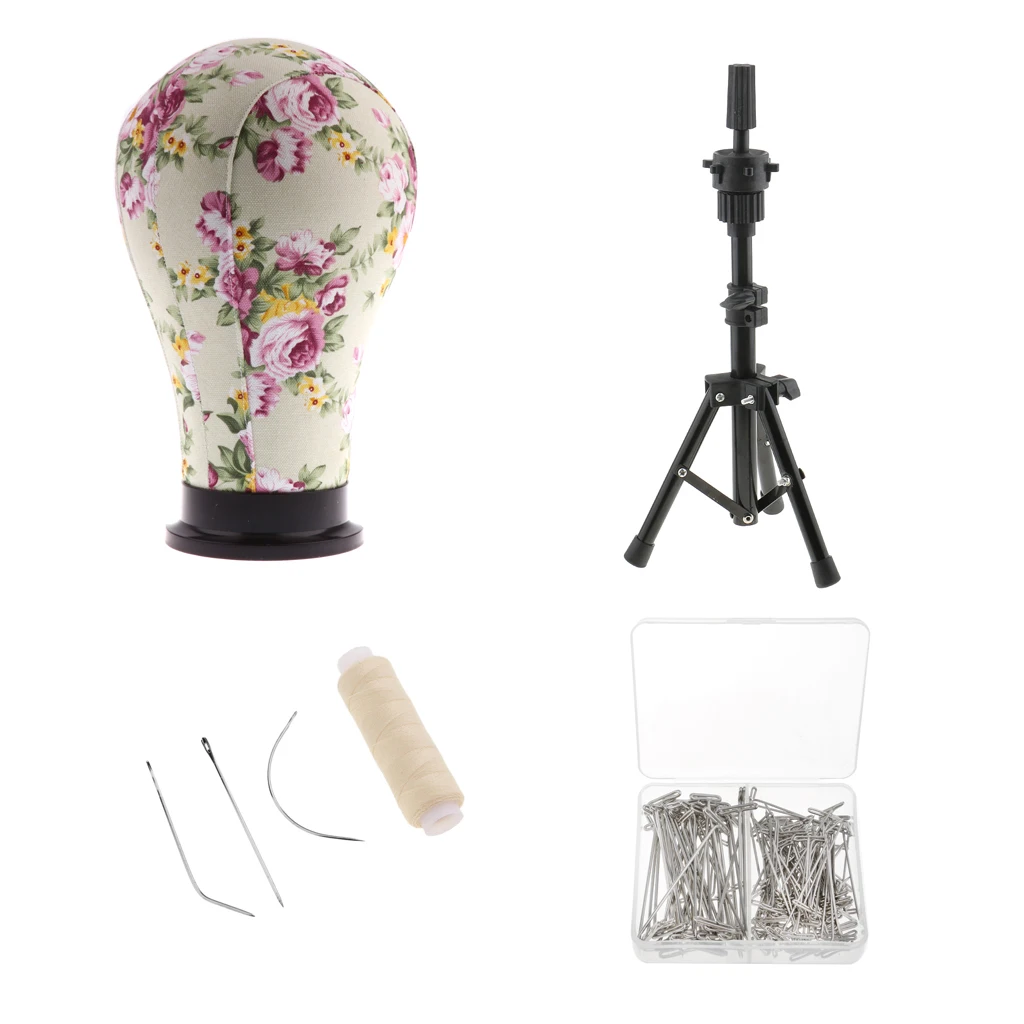

23 Inch Cork Canvas Block Mannequin Head & Tripod Stand & Sewing Thread & T Needle Pins for Wig Display Making Styling