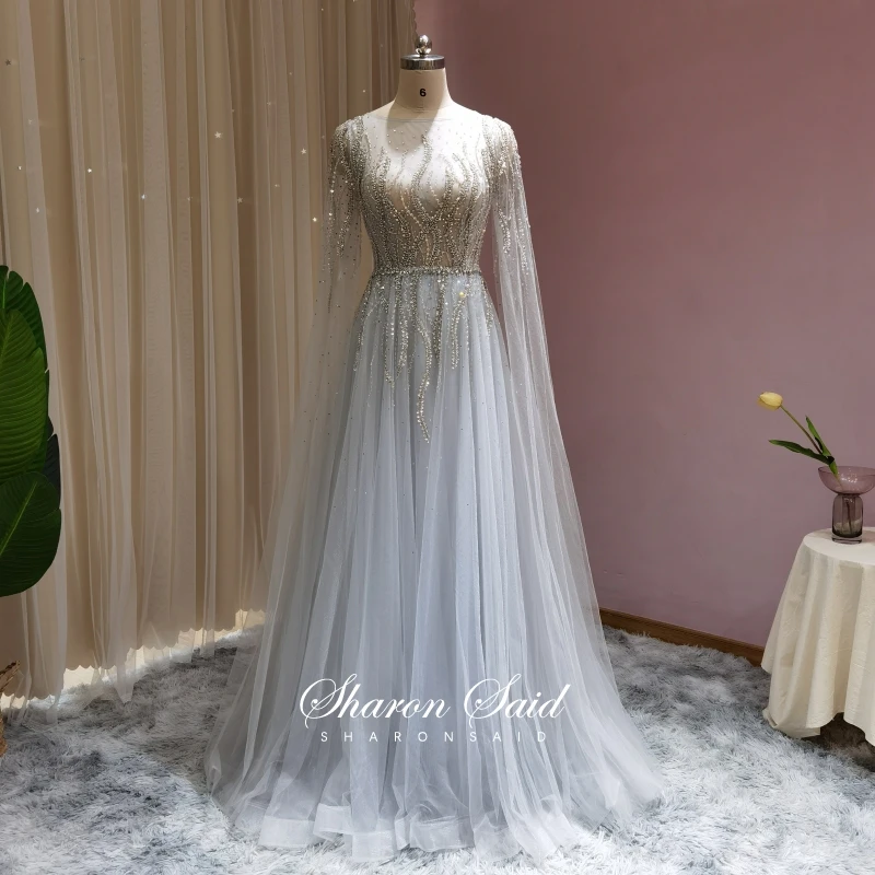 女性のためのエレガントなシルバードレス ドバイスタイル 結婚式のためのドレス ケープ スリーブ 豪華 真珠付き フォーマルプロム Ss1 22 イブニングドレス Aliexpress