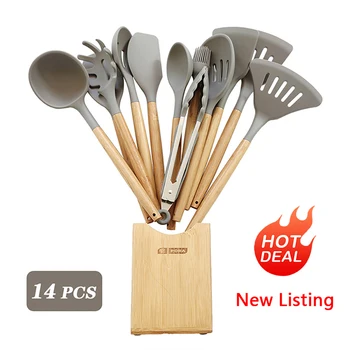 

7-14Pcs Silicone Kitchen Utensils Set Bamboo Handle Large Spoon Spatula Set Kitchen Accessories Cooking Utensils Kitchen Tools