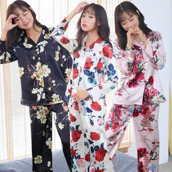 

Smmoloa Original Lazy Style Fake Flower Silk Pajamas set for Women Spring Summer Women Sleepwear Set Doll