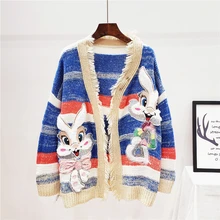 Европейский осенний и зимний уличный свитер, брендовый плотный кардиган с рисунком кролика и блестками, Свободный вязаный свитер