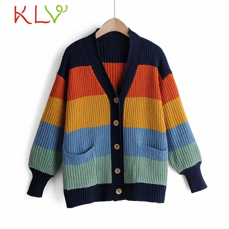 

Women Sweater Cardigans Rainbow Striped V Neck Loose Knitwear Single Breasted Casual Cardigan Knitted Jacket Winter Outwear 19Ag