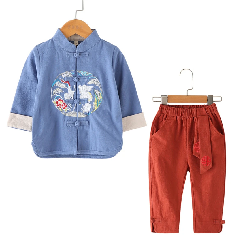 10Color New Kids Chinese Tang Suit Traditional Chinese Shirt Clothing for Baby Boys Flax Coat Kung Fu Outfit Top Pant Set
