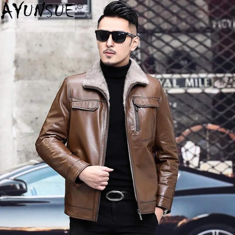

AYUNSUE Winter 100% Genuine Goat Skin Leather Jacket Men 2021 High-end Mink Fur Liner Male Coat Casual Jaqueta Masculina Gxy779