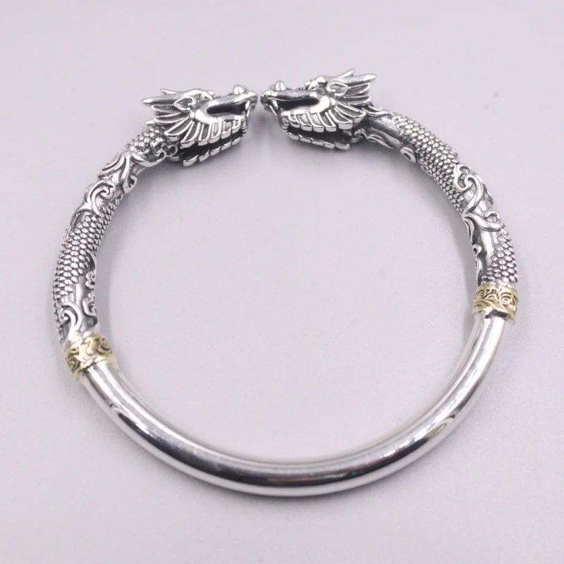 

New Fine Pure S925 Sterling Silver Bangle Women 9mm Double Dragon Bead Bracelet 60-65mm 50-51g