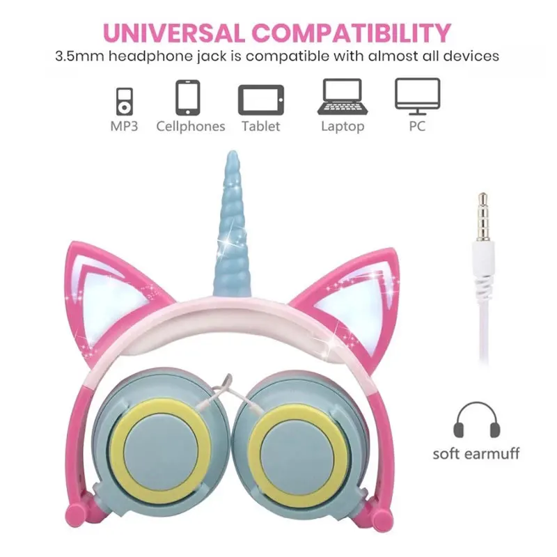 Cute Wired Foldable LED Light Flashing Unicorn Animal Kids Headphone for Birthday Party Decoration Boys Girls Student Gift