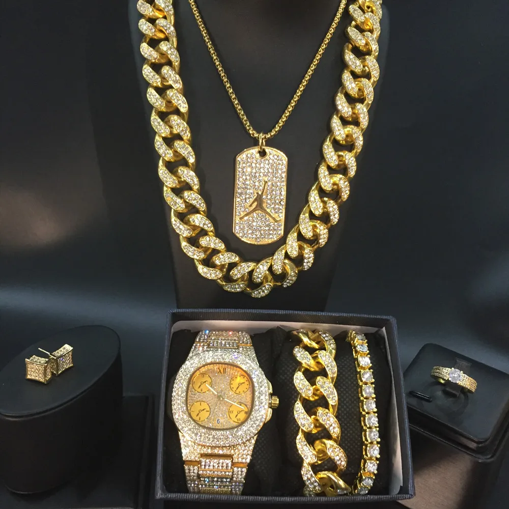Роскошные мужские золотые часы в стиле хип-хоп, мужские часы, ожерелье, кулон, браслет, кольцо и серьги, комбинированный набор ювелирных изделий для мужчин