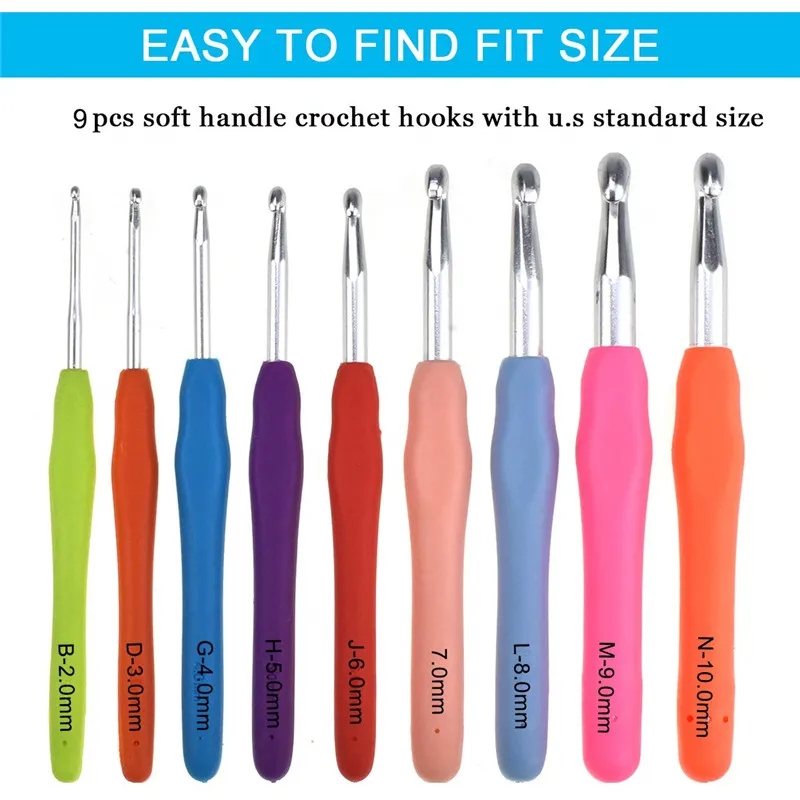 KOKNIT Extra Long Large Crochet Hooks Set 9pcs 2mm(B)-10mm(N)  Ergonomic Rubber Knitting Hooks Needle Set for Arthritic Hands  (8)