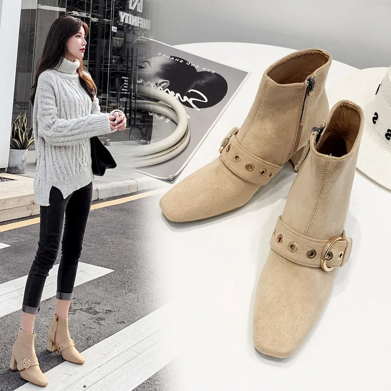 

Leather Booties Chunky Heel Zipper Women's Rubber Boots Fashion Womens Shoes 2019 Rain Punk Ladies High Heel Ankle Western Hoof