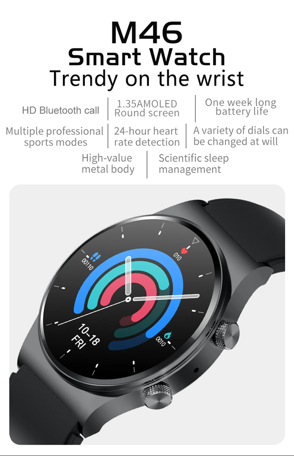 2021 New M46 Smart Watch IP67 Waterproof Bluetooth Call Women Men Heart Rate Blood Pressure Fitness Tracker Sports Smartwatch