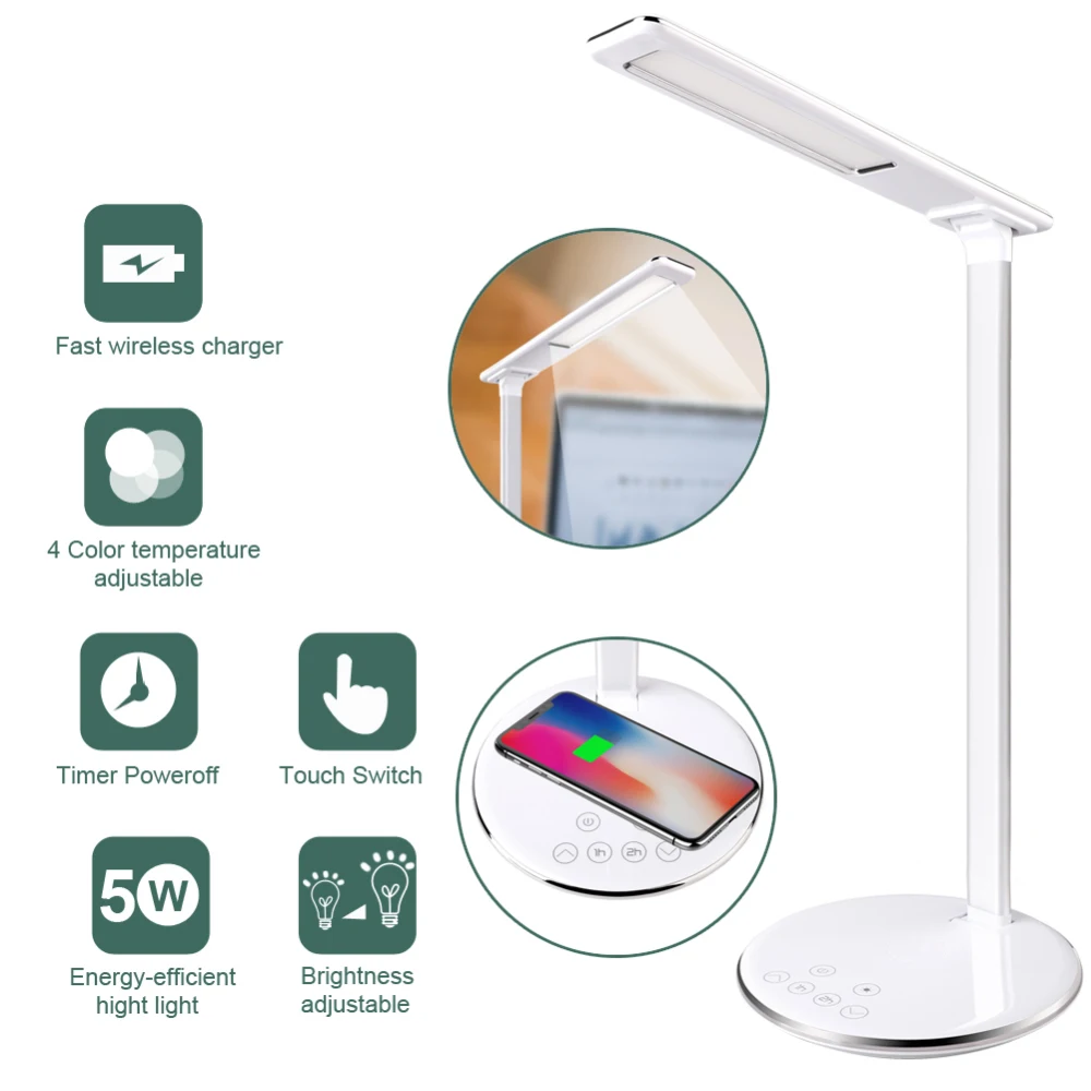 

LED Touch On/off Switch Desk Lamp Eye Protection Reading Dimmer Rechargeable USB Led Table Lamps QI Wireless Phone Charger