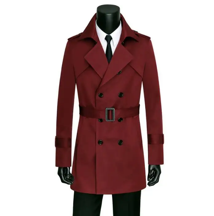 Wine Red Trench Coats Mens England Man Double Breasted Coat Men Clothes