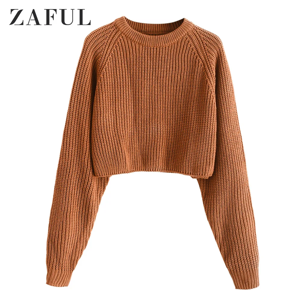 ZAFUL Women Crop Sweaters Knitted Women'S Pullovers Female O Neck Raglan Sleeve Short Warm Sweaters Fall Winter