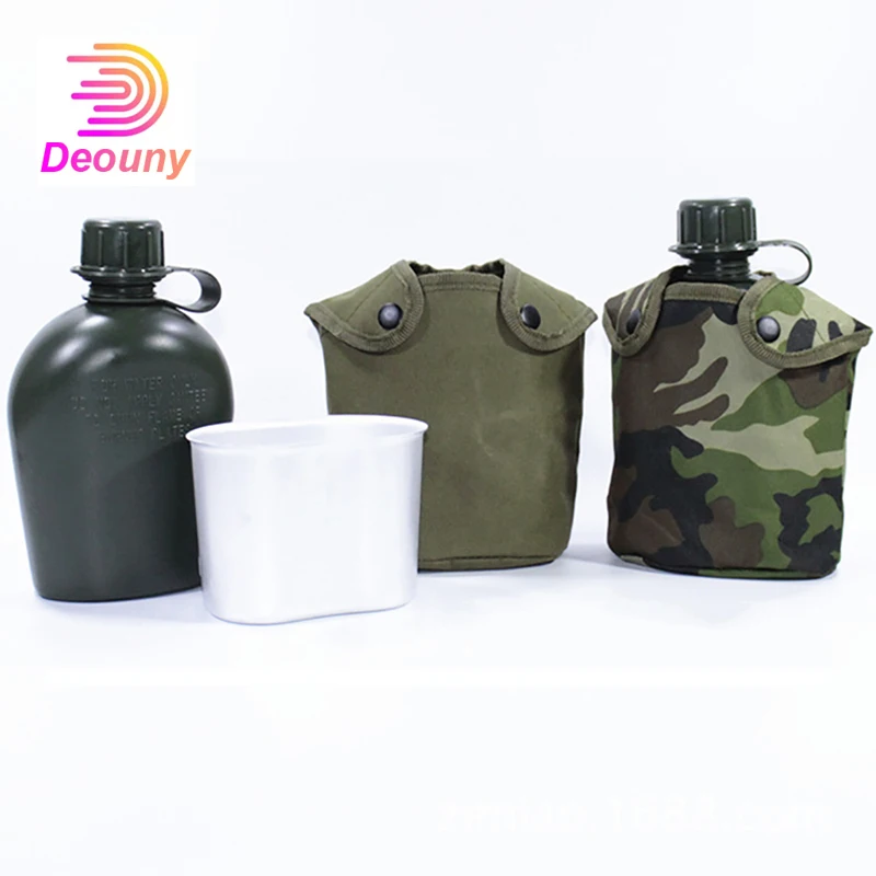 DEOUNY Plastic Army Flask Bottle Military Training Flask And Aluminum Lunch Box 3Pcs Outdoor Vintage Water Bottle 800ml