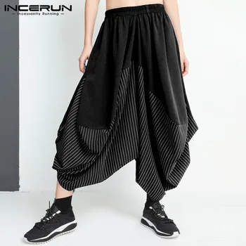 

INCERUN 2020 Punk Men Harem Pants Streetwear Elastic Waist Fashion Wide Leg Trousers Joggers Striped Patchwork Loose Dance Pants