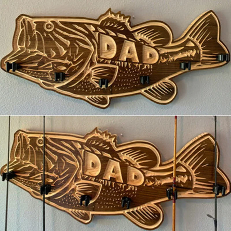 

Wooden Fishing Rod Holder Husband Father's Day Birthday Gift Retro Fish Shape Fishing Rod Storage Rack Fishing Gear Accessory