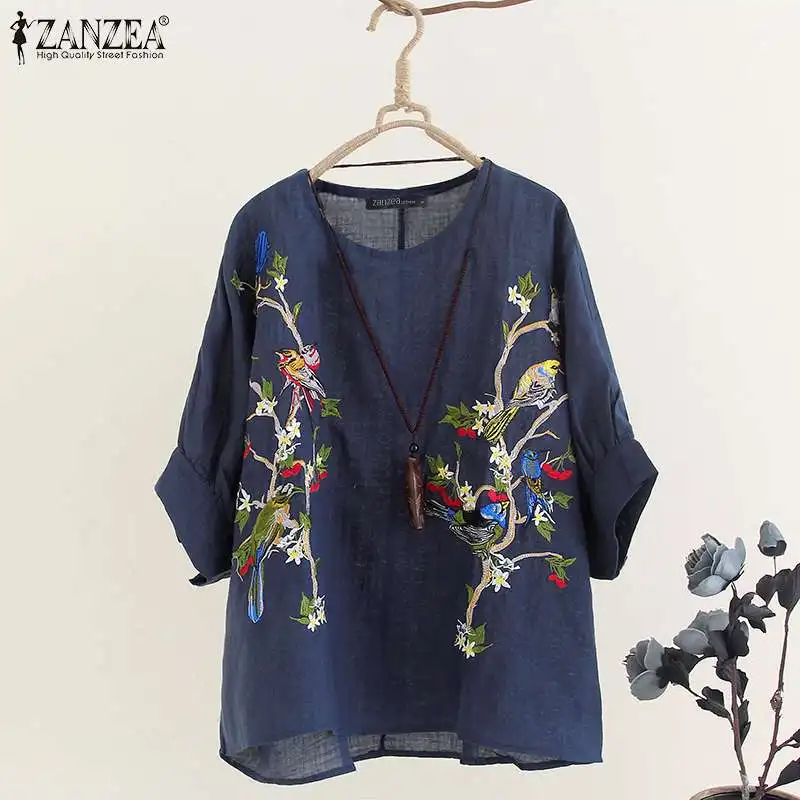  2019 Autumn Embroidered Blouse ZANZEA Women 3/4 Sleeve Shirts Vintage Casual O Neck Cotton Loose Pa