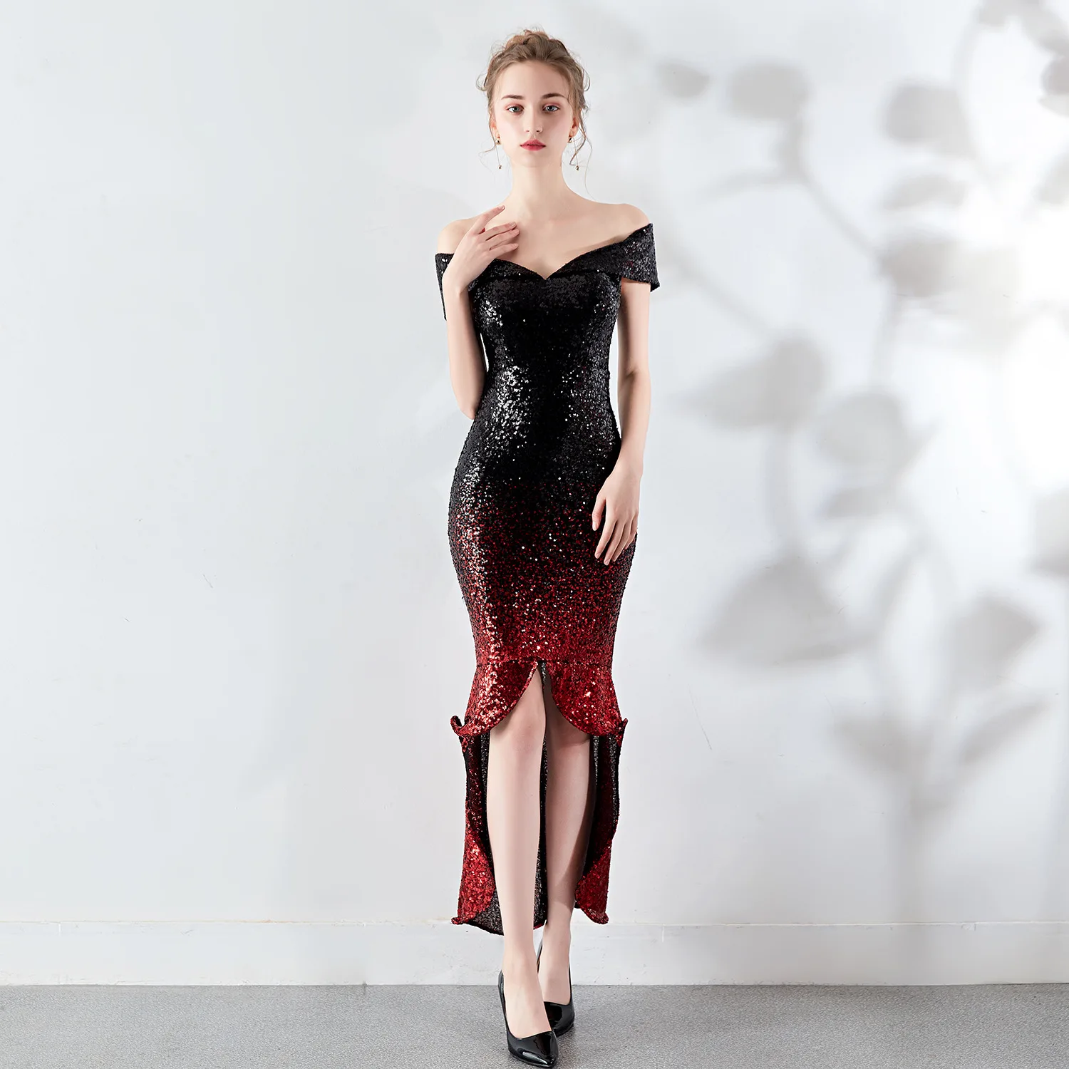 Русалка блесток длинное платье сексуальное v-образным вырезом с открытыми плечами градиент цвета вечернее платье Vestido Abiti Da Cerimonia Avondjurken - Цвет: Black Red2
