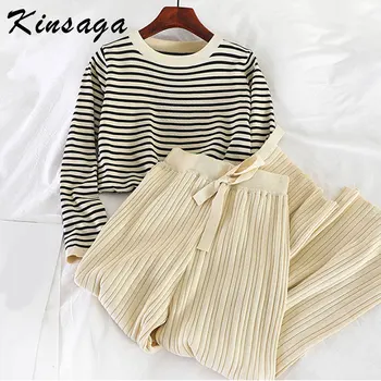 

Women Loose Two Pieces Set Long Sleeve Pullover Knitting Top Woman Pajama Set Wide Leg Tracksuit Female Lounge Wear Suit