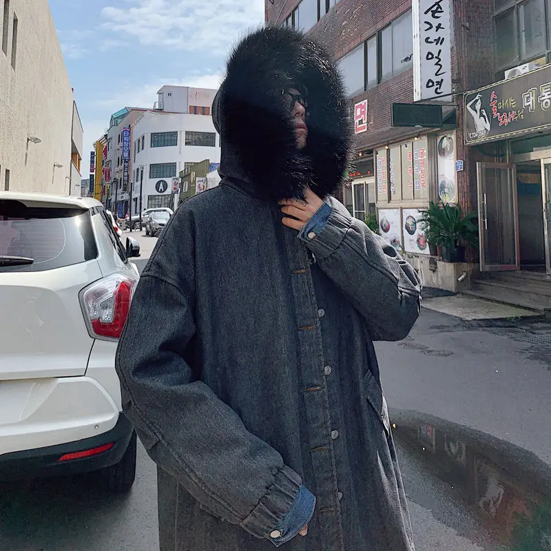 Зимнее длинное джинсовое пальто Мужская теплая Модная Повседневная куртка в