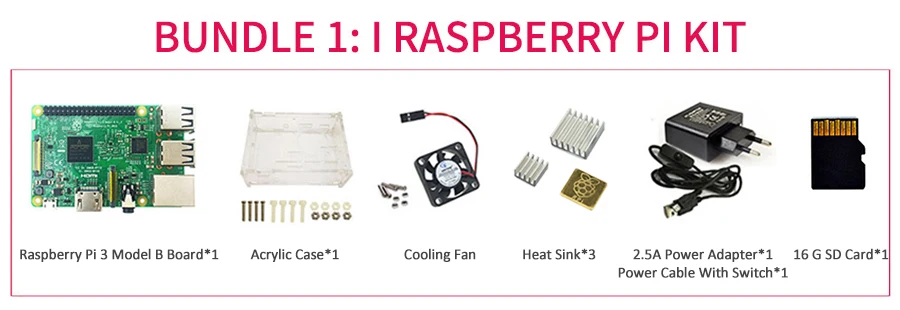 Четыре набора Raspberry Pi3 Foundation+ акриловый чехол/ABS чехол+ блок питания EU/US с usb-кабелем с переключателем и 16SD картой теплоотвода