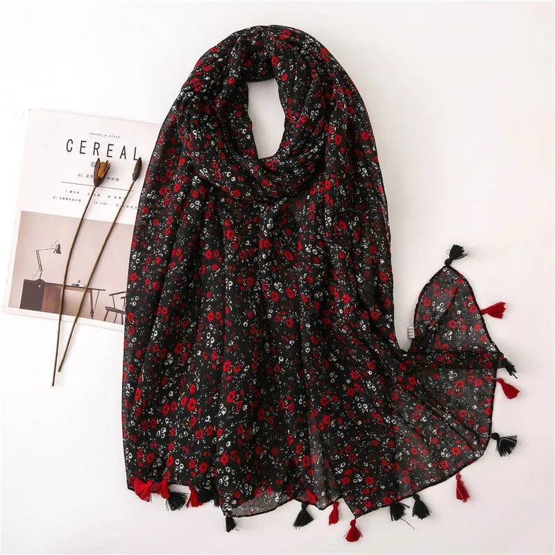 Marte& Joven модный красный Мини цветок черный женский шарф с кисточками элегантный осенне-весенний Вуаль Шарфы Большой размер ткань Пашмина Шаль - Цвет: black