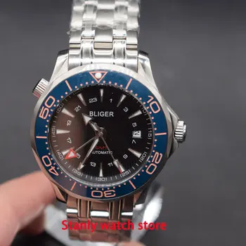

Sapphire crystal Bliger 41mm black dial blue ceramic bezel GMT function luminous marks automatic movement men's wrist watches
