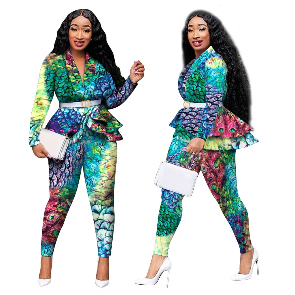 2 Piece Set Africa Clothing Suit For Women Sets New African Print Elastic Bazin Baggy Rock Style Dashiki Sleeve Famous Suit Lady