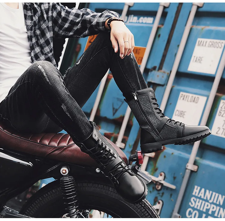 Winter Men Motorcycle Boots Fashion Mid-Calf Punk Rock Punk Shoes Mens BootsLeather Black High top Casual Boot Man