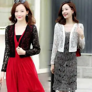 

Women Summer Lace Flower Crochet Shrug Open Front Long Sleeve Short Cardigan Top for woman coat Women's clothing