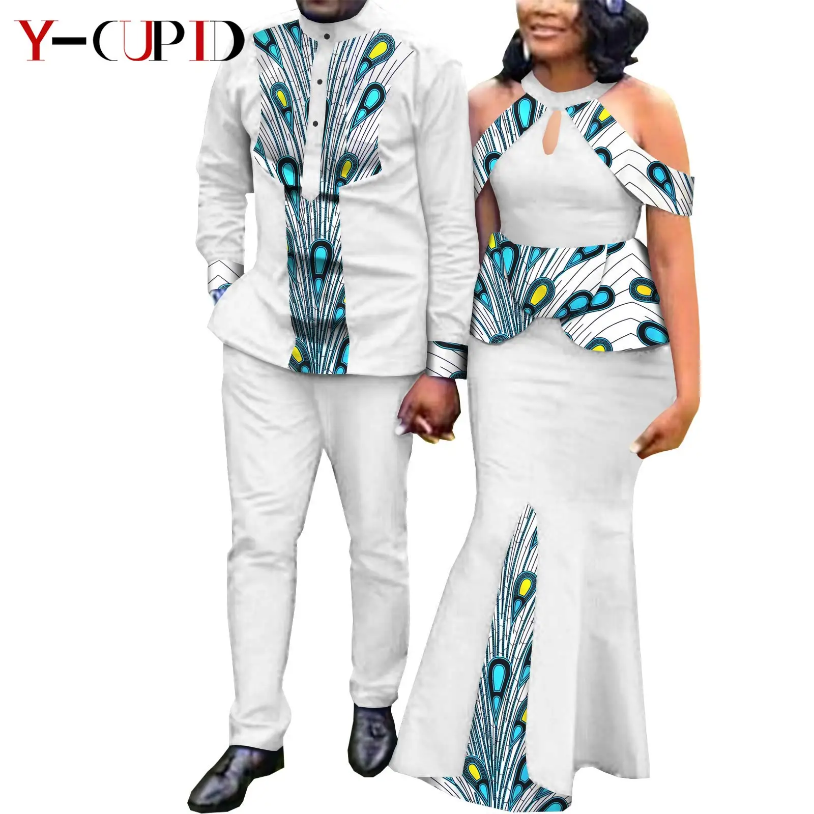 African Dresses For Women Match Men Outfits Bazin Lover Clothes Print Evening Mermaid Dress Men Shirt And Pants Sets Y21C024