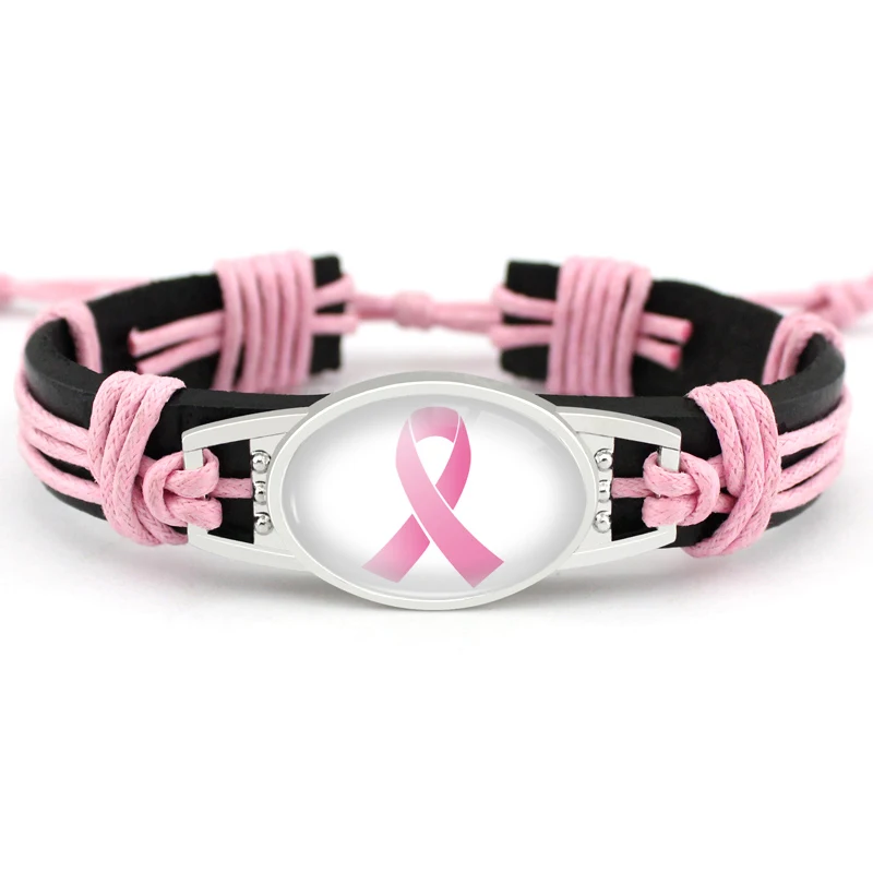 

Fighter Breast Cancer Awareness Ribbon Charm Leather Bracelets Yellow Pink Green Orange Purple Ribbon Men Women Unisex Jewelry