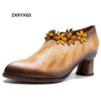 

Promotion 2020 New Classic Flowers Fashion Shoes Women High Heel Shoes Pointed 100% Natural Genuine Leather Shoes Woman Shoes