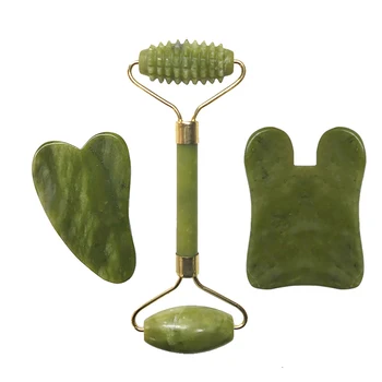 

Jade Roller 3pcs/set Facial Massage Roller Jade Stone Board Gua Sha Natural Jade Scraper Massager for Face Neck Back And Jawline