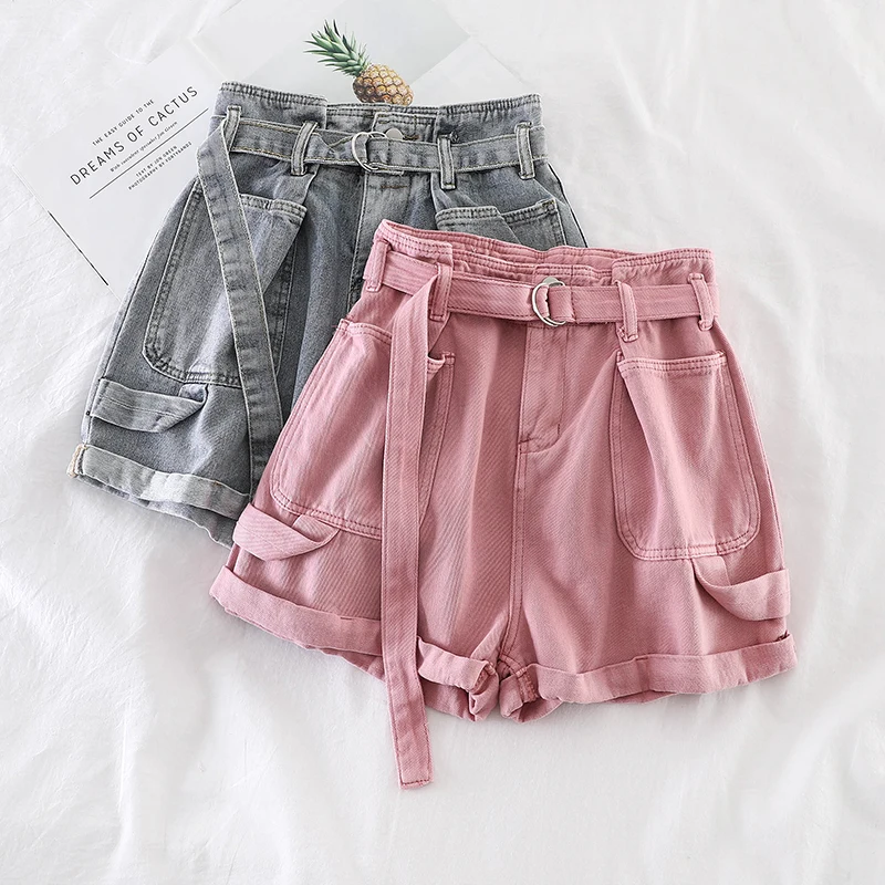 pink high waisted denim shorts