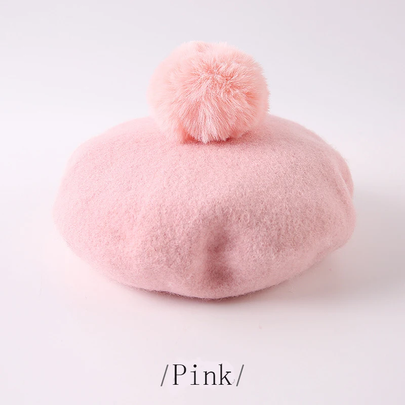 Children Pompoms Beret Hat Solid Color Octagonal Cap Girls Winter Wool Painter Hats For 1-3 Years Kids