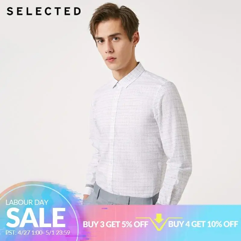 

SELECTED Men's 100% Cotton Slim Fit Plaid Long-sleeved Shirt S|419105575