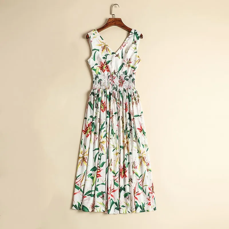 

Women Runway Dress 2019 High Quality Summer V-Neck Sleeveless Floral Printed Casual Dresses Vestidos NP0718N