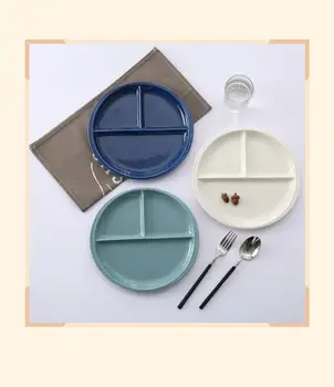 

10 Inch Bone China Plate Simple Porcelain Plate Three Compartments Breakfast Steak Round Ceramic Tableware Home Decor (White)