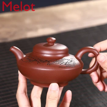 

Yixing Purple Clay Teapots Full Hand qing qu Acacia Famous Authentic Plain Cement Small Teapot Set Tea Set