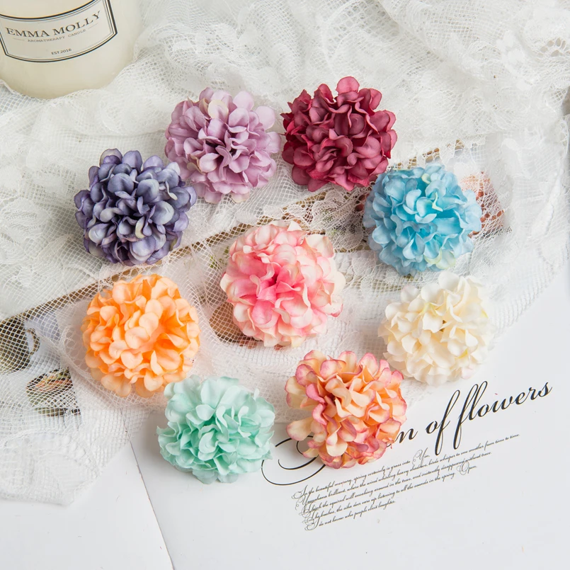 50PCS Artificial Flowers Ball Material Silk Carnation Head Wedding Decorative Wreath Christmas Home Decor Bride Brooch DIY A Cap