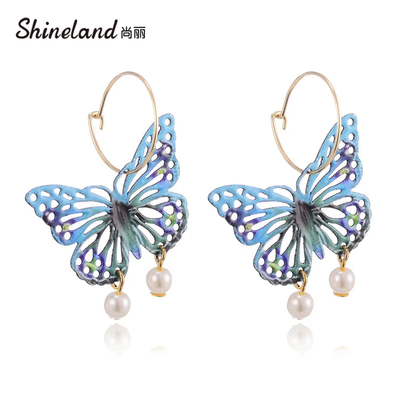 

Shineland Bohemian Colorful Butterfly Imitation Pearl Drop Dangle Earrings Fashion Round Hollow Long Statement Ethnic Brincos