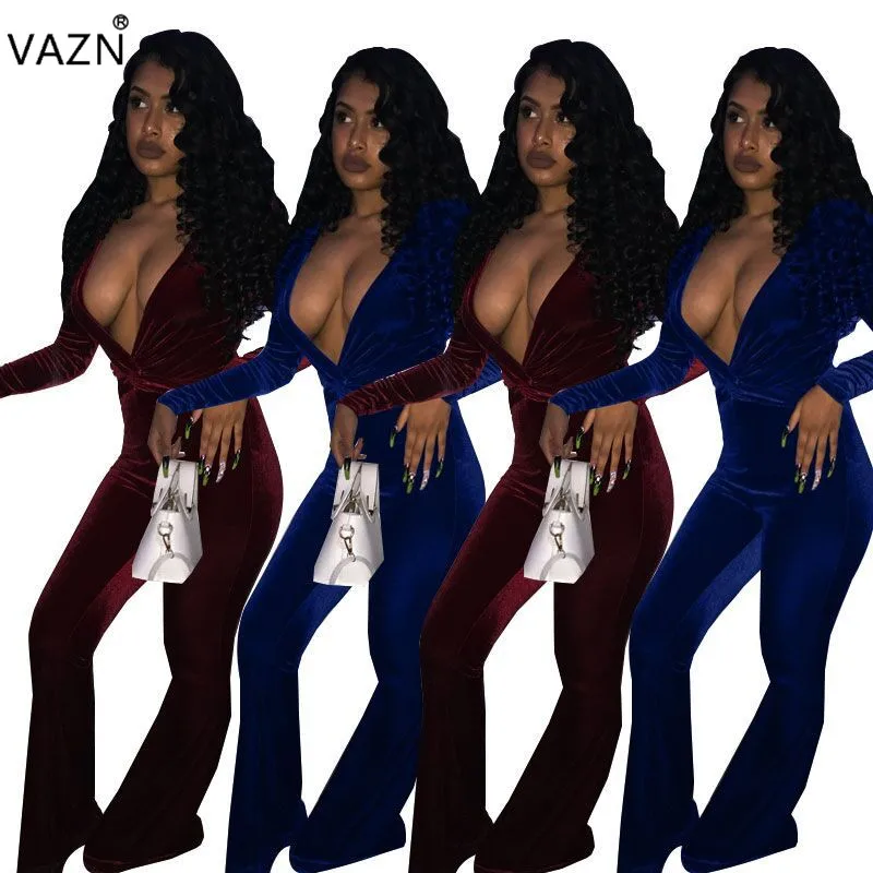 VAZN новые осенние Популярные брендовые Модные женские комбинезоны однотонные с глубоким v-образным вырезом с длинным рукавом бархатные женские расклешенные комбинезоны OJS9063