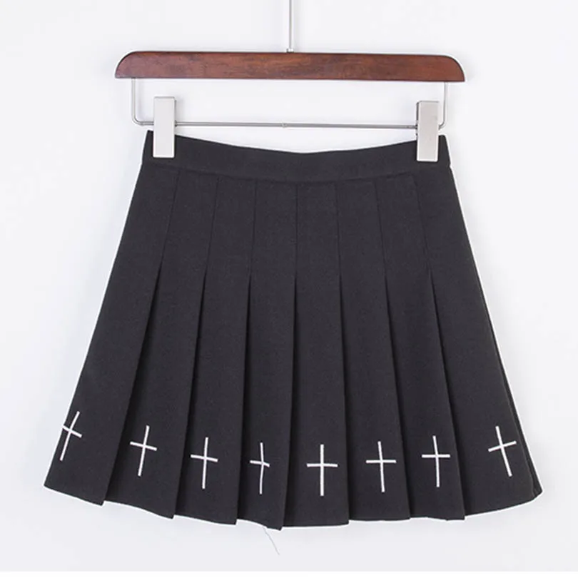 Black Skirt Юбки с вышивкой в стиле панк для девочек; Летние Плиссированные женские мини-юбки с высокой талией в готическом стиле; женская черно-белая юбка - Цвет: Black Skirt
