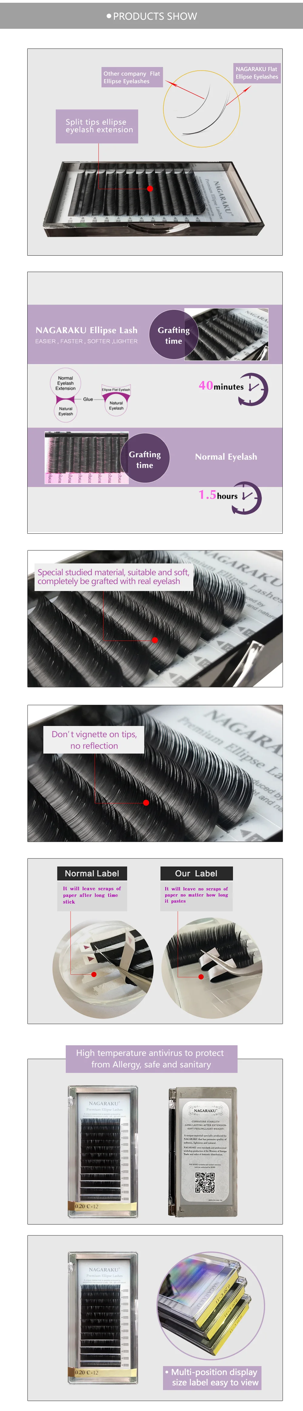 NAGARAKU Flat Ellipse Eyelashes Makeup Lashes Maquiagem 15 Trays lot Split Tips Natural Light Super Soft Mink Eyelashes Cilios