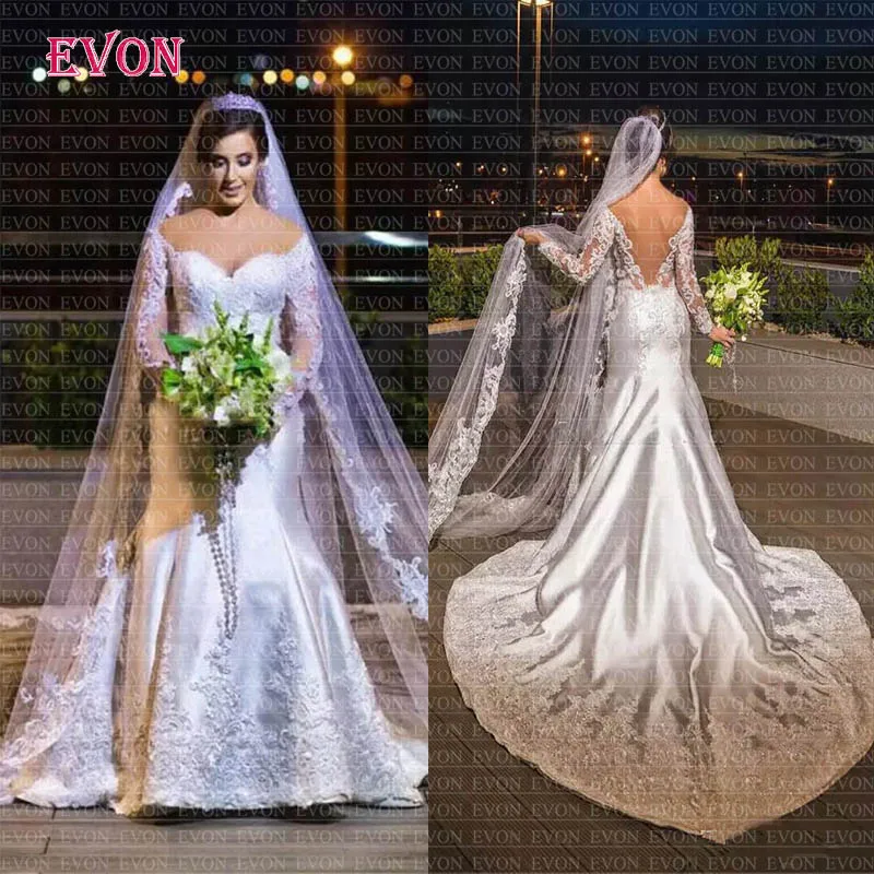 Plus Size Lace Stain Mermaid Wedding Dresses Sexy Off The Shoulder Long Sleeves Backless Wedding Gowns Vestido De Noiva With Appliques