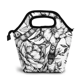 

Seamless Pattern With Snakes And Flowers. Lunch Bag Boxes Bags Portable Insulated Picnic Food Box for Women Men
