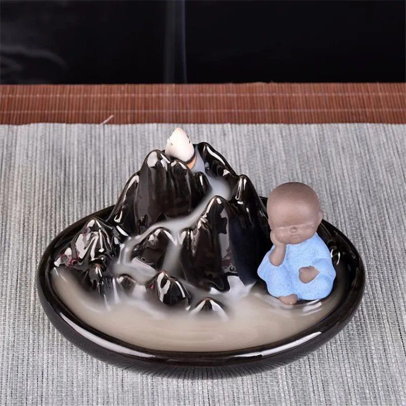 Small Black Incense Burner Monk Ceramic Mountain Smoke Waterfall Incense Cones Holder Portable Burner Home Aromatherapy Censer